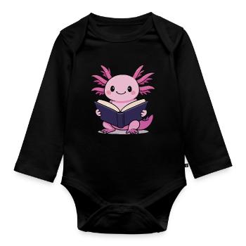 Cute Axolotl Reading Book Reader Cartoon Kawaii - Organic Longsleeve Baby Bodysuit - black - Front