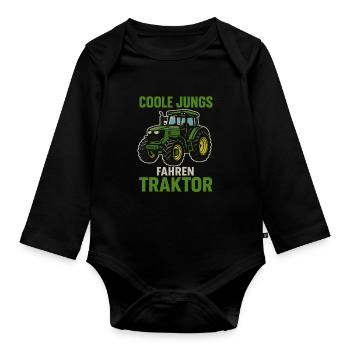 Cool Guys Driving Tractor – Farm Saying - Organic Longsleeve Baby Bodysuit - black - Front