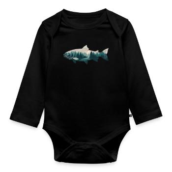 lachs fisch wald natur angeln bäume berg - Baby Bio-Langarm-Body - Schwarz - Vorne
