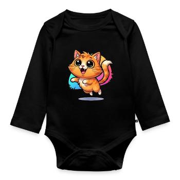 Fluffy messenger of good luck: Cute cat with googly eyes - Organic Longsleeve Baby Bodysuit - black - Front