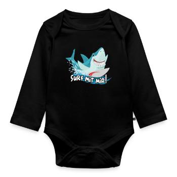 Surfen mit dem Hai | lustiger Hai | Wellenreiten - Baby Bio-Langarm-Body - Schwarz - Vorne