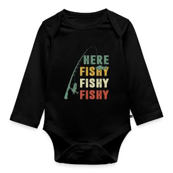 Here Fishy Fishy Fishy Vintage Retro - Organic Longsleeve Baby Bodysuit - black - Front