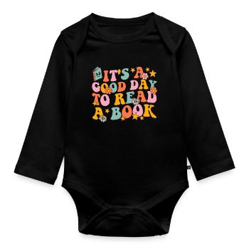 It's a good day to read a book groovy - Organic Longsleeve Baby Bodysuit - black - Front
