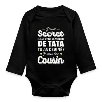 jai un secret / je vais être cousin / futur cousin - Body Bébé bio manches longues - noir - Devant