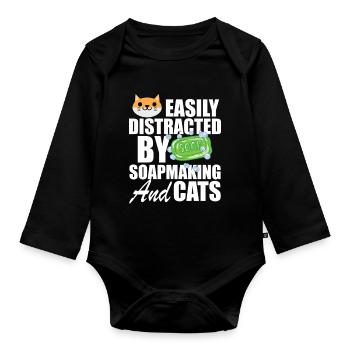 Soap Maker Easily Distracted By Soapmaking And Cat - Organic Longsleeve Baby Bodysuit - black - Front