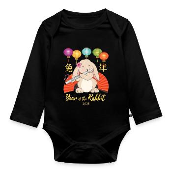 Cute Flute Playing Rabbit Chinese New Year 2023 - Organic Longsleeve Baby Bodysuit - black - Front