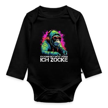Ich kann dich nicht hören ich zocke Gaming Affe - Baby Bio-Langarm-Body - Schwarz - Vorne