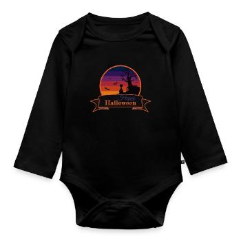 Katze neben gruseligem Baum - Happy Halloween - Baby Bio-Langarm-Body - Schwarz - Vorne