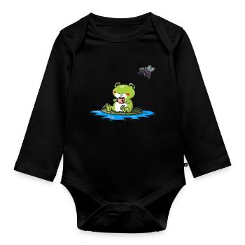 Frog with cup of coffee or tea - Organic Longsleeve Baby Bodysuit - black - Front
