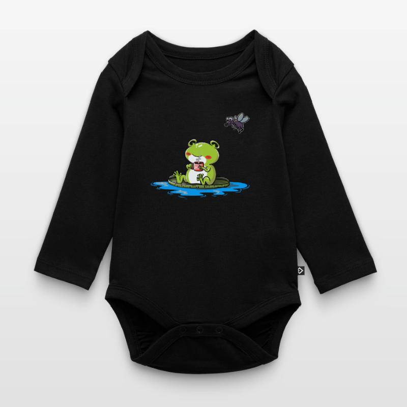 Frosch mit Tasse Kaffee oder Tee Baby Bio-Langarm-Body