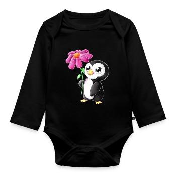 Putziger Comic Pinguin - Baby Bio-Langarm-Body - Schwarz - Vorne