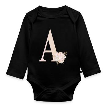 BUCHSTABEN A MIT BLUMEN - Baby Bio-Langarm-Body - Schwarz - Vorne