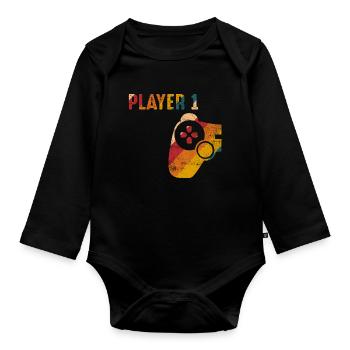 Player 1 Gamer partnerlook Geschenk - Baby Bio-Langarm-Body - Schwarz - Vorne