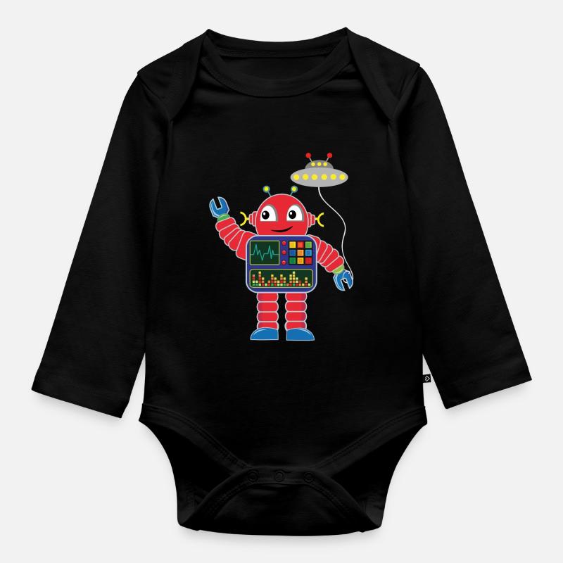 Kleiner roter Roboter mit Raumschiff - Baby Bio-Langarm-Body - Schwarz