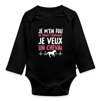 Je m'en fou du prince charmant je veux un cheval - Body Bébé bio manches longues - noir - Devant
