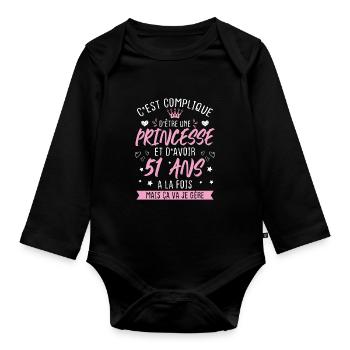 Une princesse et d'avoir 51 ans, Cadeau 51 ans - Body Bébé bio manches longues - noir - Devant
