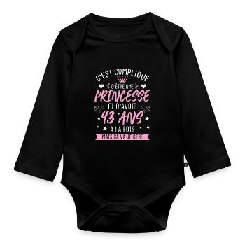 Une princesse et d'avoir 43 ans, Cadeau 43 ans - Body Bébé bio manches longues - noir - Devant
