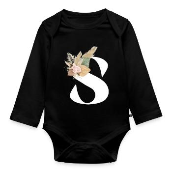 Buchstabe S blumig - Baby Bio-Langarm-Body - Schwarz - Vorne