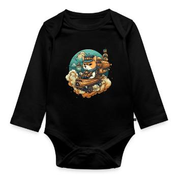 Hund Shiba Inu Steam Punk Eisenbahn - Baby Bio-Langarm-Body - Schwarz - Vorne