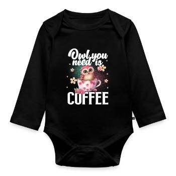 Eule Kaffee - Baby Bio-Langarm-Body - Schwarz - Vorne