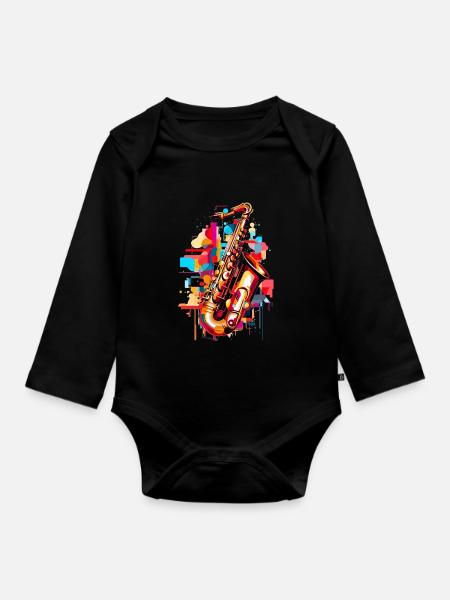 Jazz Fusion : T-shirt de saxophone abstrait - Body Bébé bio manches longues - noir