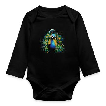 Peacock Peacock Feather Exotic Colorful Colorful Art - Organic Longsleeve Baby Bodysuit - black - Front