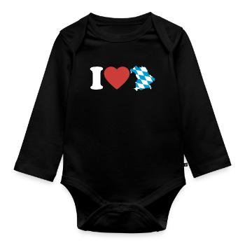 J’aime la Bavière | Cœur avec carte bleu-blanc - Body Bébé bio manches longues - noir - Devant