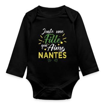 une fille aime nantes foot nantaise ville - Body Bébé bio manches longues - noir - Devant