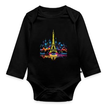 Paris, Eiffel Tower, France, City, Skyline, Night - Organic Longsleeve Baby Bodysuit - black - Front