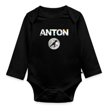 ANTON - Beau prénom de garçon avec dinosaure - Body Bébé bio manches longues - noir - Devant