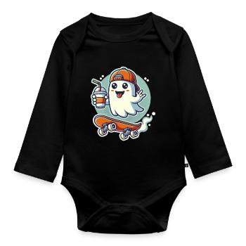 Halloween, Skateboard, Geist - Baby Bio-Langarm-Body - Schwarz - Vorne
