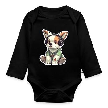 A cute dog playing video games - Organic Longsleeve Baby Bodysuit - black - Front