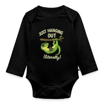 Gecko Lustiger Spruch - just hanging out - Baby Bio-Langarm-Body - Schwarz - Vorne