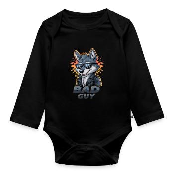 Cooler Wolf Mit Sonnenbrille Und Lederjacke - Bad - Baby Bio-Langarm-Body - Schwarz - Vorne