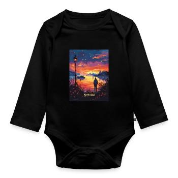 Evening atmosphere in the Netherlands with windmills - Organic Longsleeve Baby Bodysuit - black - Front
