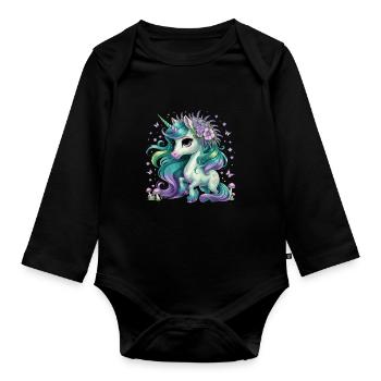 Magic unicorn with flower wreath and - Organic Longsleeve Baby Bodysuit - black - Front