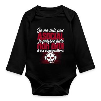Pas asocial ordi t-shirt humour geek - Body Bébé bio manches longues - noir - Devant
