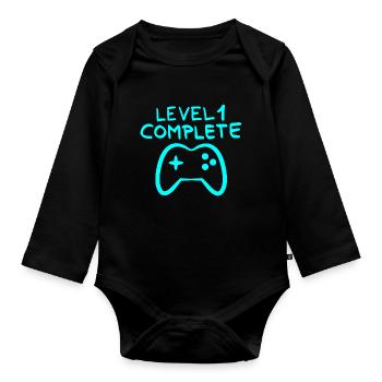 Level 1 complete 1 Geburtstag Spielkonsole - Baby Bio-Langarm-Body - Schwarz - Vorne