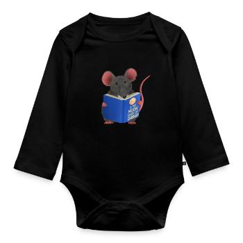 Leseratte / Maus - Ist der Mond aus Käse - Baby Bio-Langarm-Body - Schwarz - Vorne