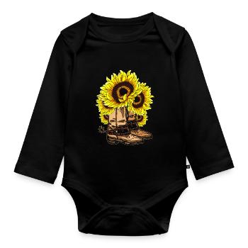 Western cowboy boots gift sunflower - Organic Longsleeve Baby Bodysuit - black - Front