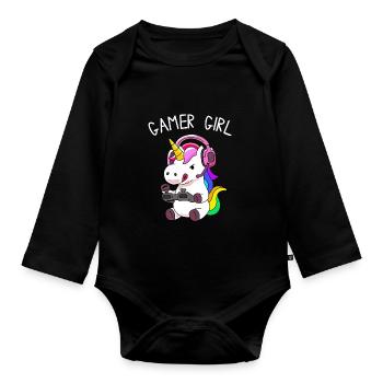 Gamer Girl Einhorn mit bunten Haaren - Baby Bio-Langarm-Body - Schwarz - Vorne