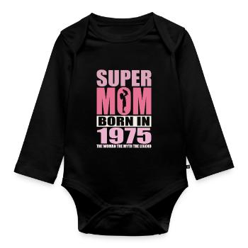 Mama Geburtstag 1975 | Super Mom - Baby Bio-Langarm-Body - Schwarz - Vorne