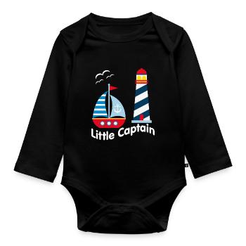 Small captain with sailboat, seagulls and illumination - Organic Longsleeve Baby Bodysuit - black - Front