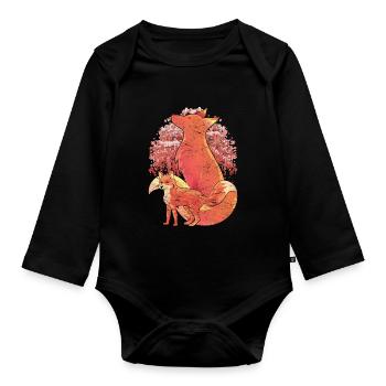 Forest Dweller Sakura Gift Cherry Blossom Fox - Organic Longsleeve Baby Bodysuit - black - Front