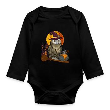 Witch Hat Wise Bird Gift Halloween Owl - Organic Longsleeve Baby Bodysuit - black - Front