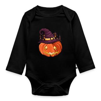 Chapeau de sorcière Halloween Cadeau Citrouille effrayante - Body Bébé bio manches longues - noir - Devant