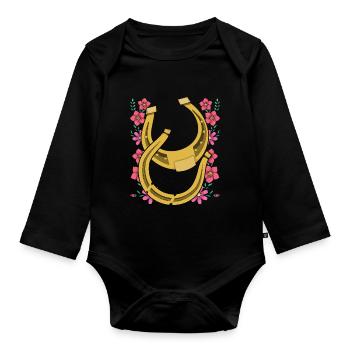 Pferde Reiten Geschenk Reiter Blumen Hufeisen - Baby Bio-Langarm-Body - Schwarz - Vorne