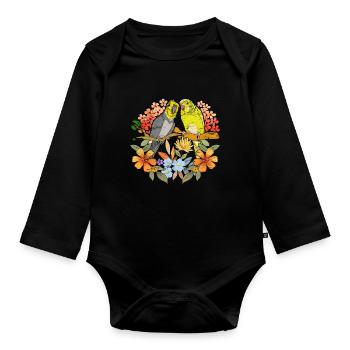 Bird Ornithologist Gift Pretty Floral Parakeet - Organic Longsleeve Baby Bodysuit - black - Front