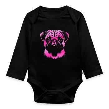 Mops, Hundekopf, Zeichnung pink - Baby Bio-Langarm-Body - Schwarz - Vorne