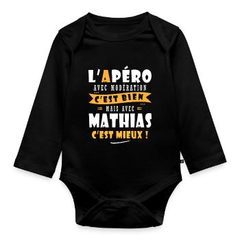 Mathias Cadeau Humour personnalisé cadeau mathias - Body Bébé bio manches longues - noir - Devant